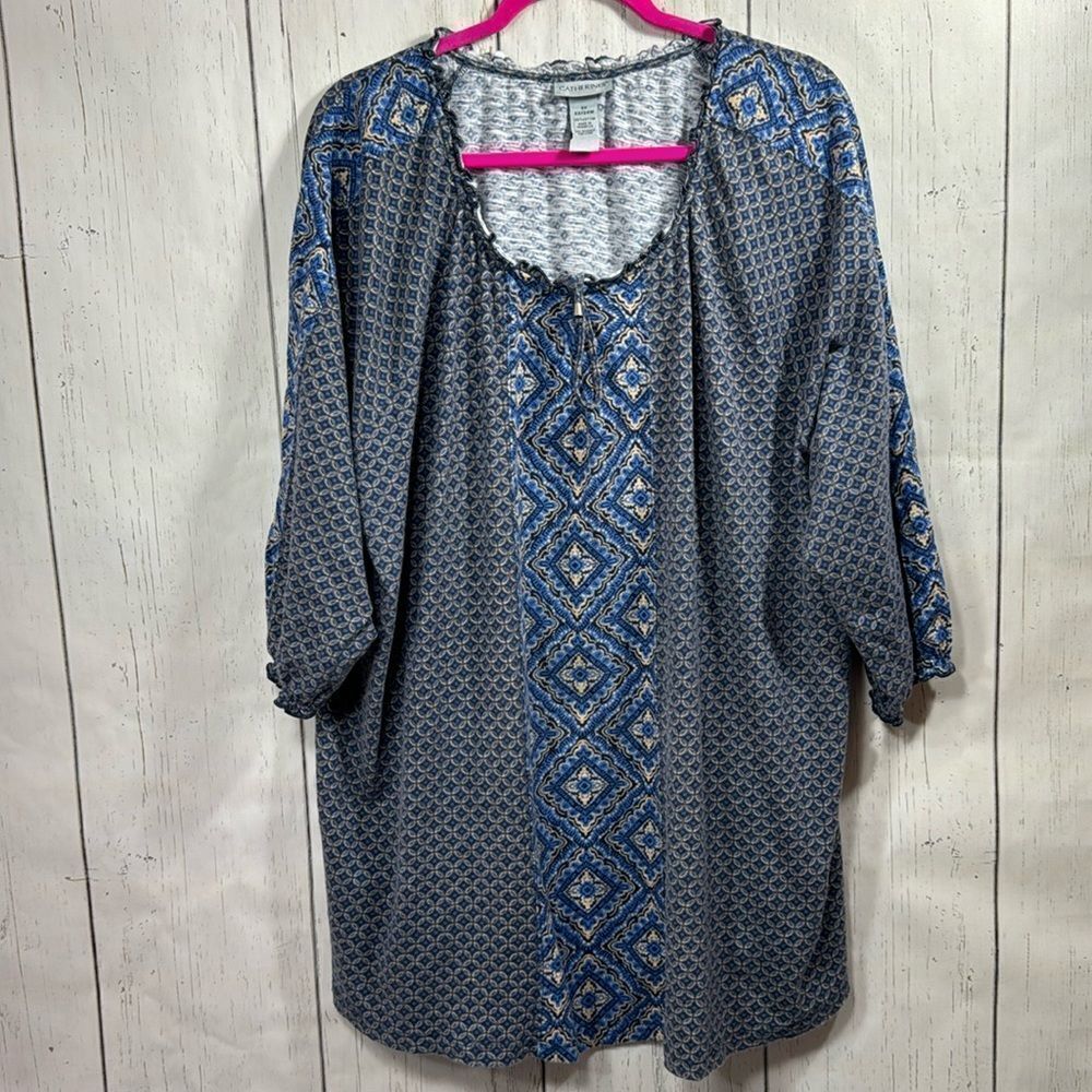 CatherinesโBlue Geometric Boho Peasant Tunic Top Plus Size 2X Relaxed Fit Artsy